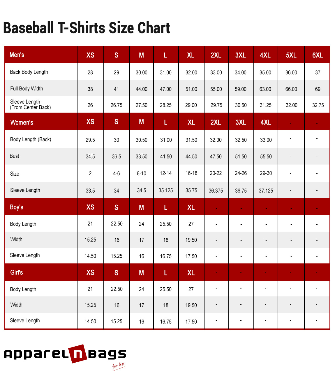 Baseball Tee Size Chart | ApparelnBags.com
