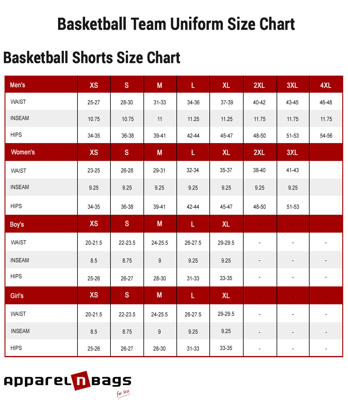 nike uniform size chart