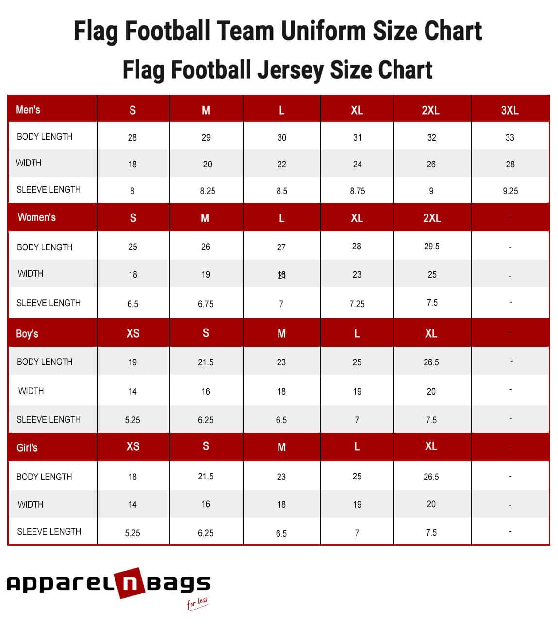 Flag Football Jersey Size Chart