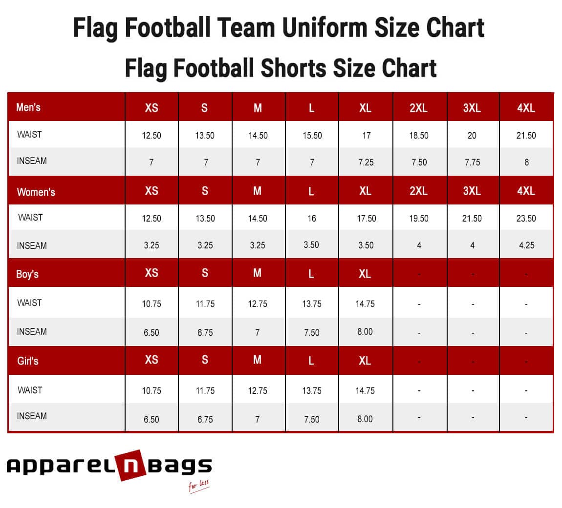 Flag Football Pants Size Chart