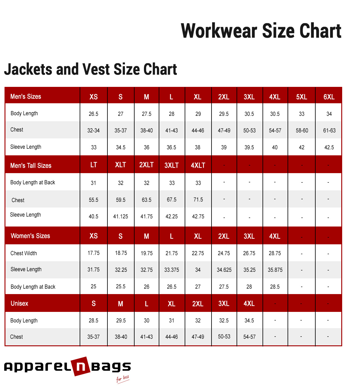Jacket & Vest Size Chart