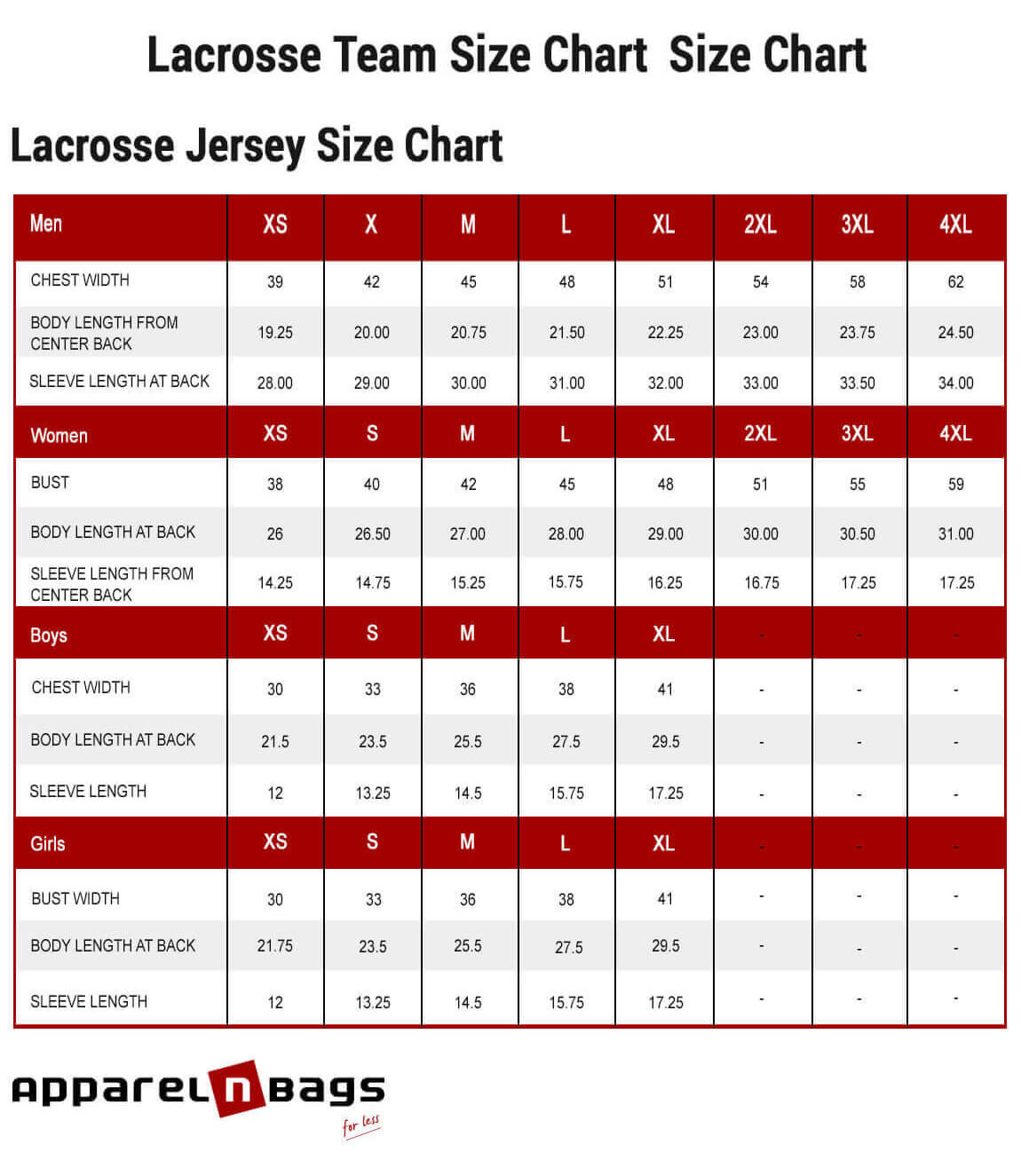 Lacrosse Jersey Size Chart