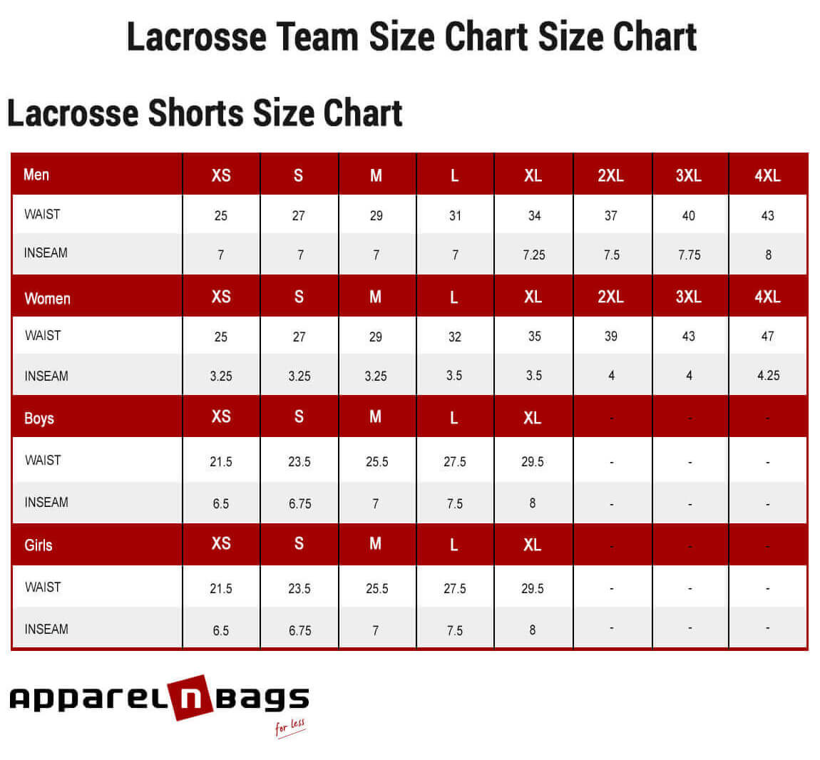 Lacrosse Shorts Size Chart