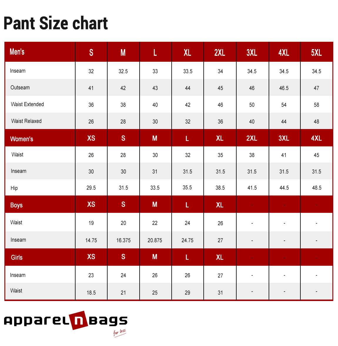 Pant Size Chart | ApparelnBags.com