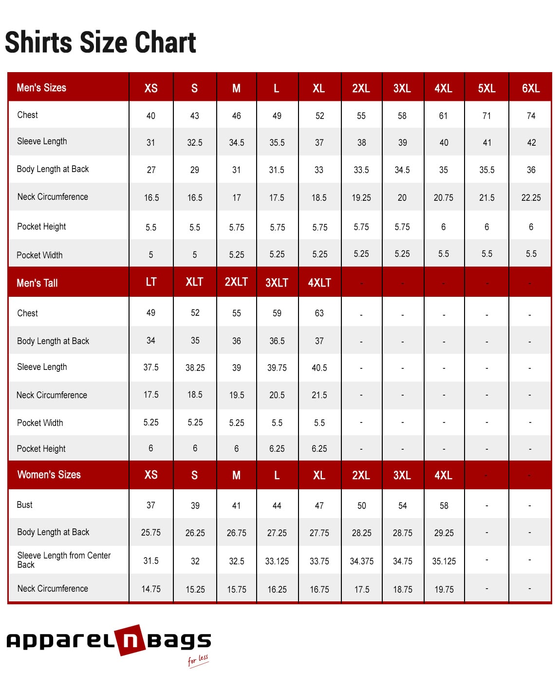 Dress Shirt Size Chart ApparelnBags