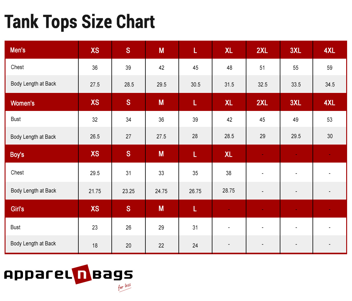 Tank Top Size Chart | ApparelnBags.com