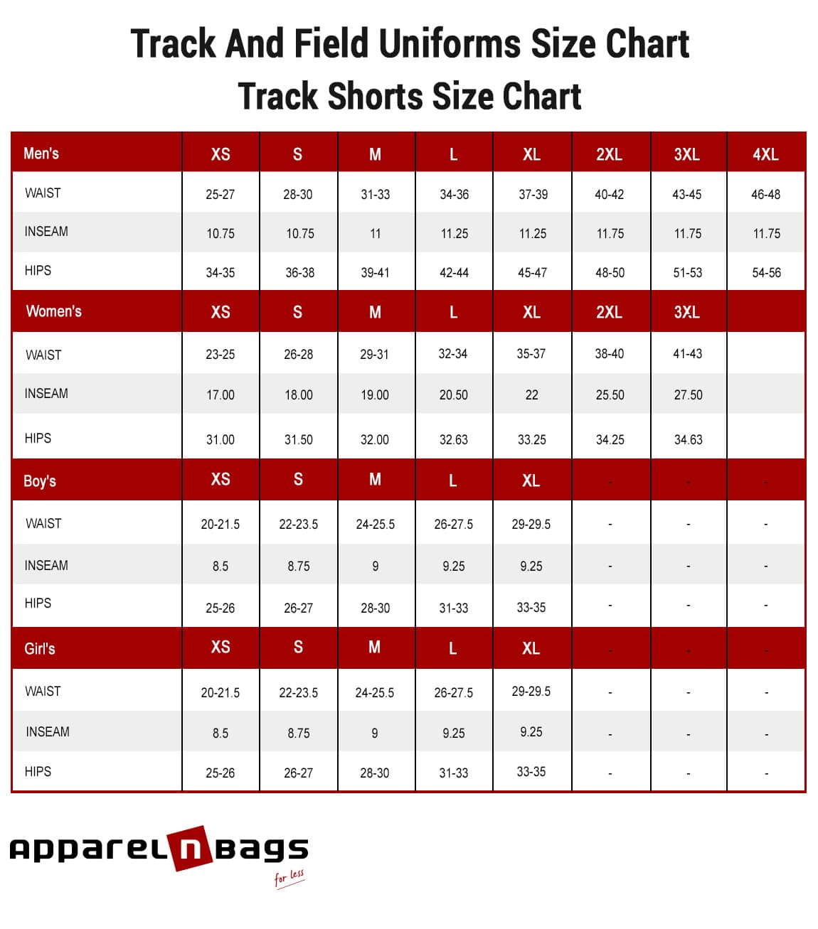 Track & Field Uniforms Size Chart | ApparelnBags.com