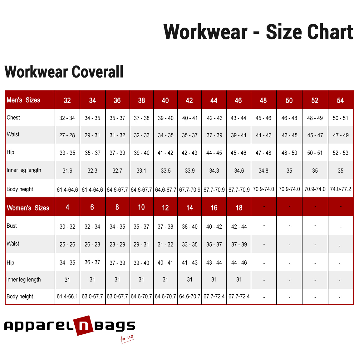 Coverall Size Chart