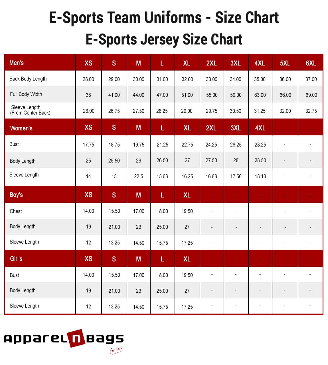 Size Charts - ONWEAR  Custom Esports Jersey Design & Print