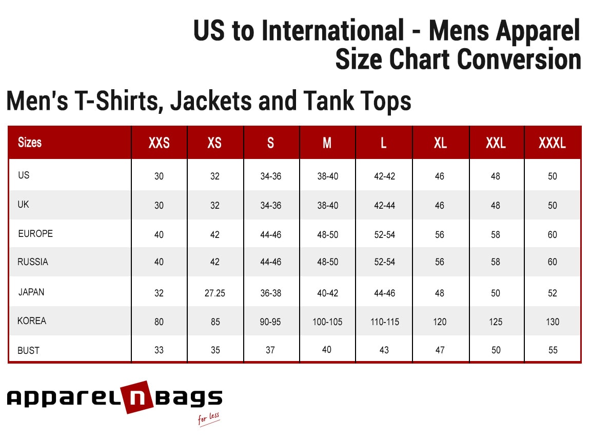 Men’s T-Shirts, Jackets and Tank Tops US to International Size Conversion Table
