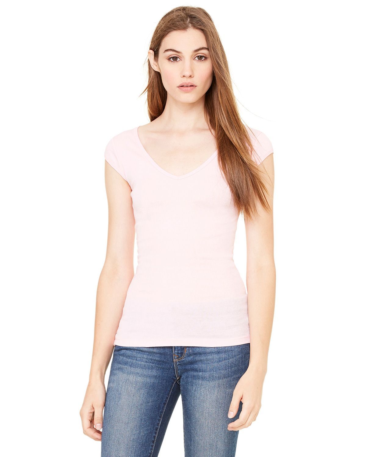 Bella + Canvas B8705 Ladies Sheer Mini Rib Cap-Sleeve Deep V-Neck T-Shirt