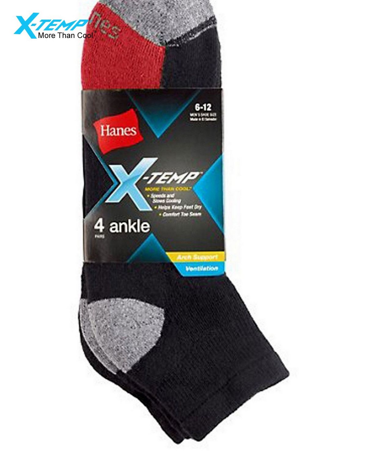 Hanes 516L4 Mens X-Temp Ventilation Ankle Socks 4 Pack