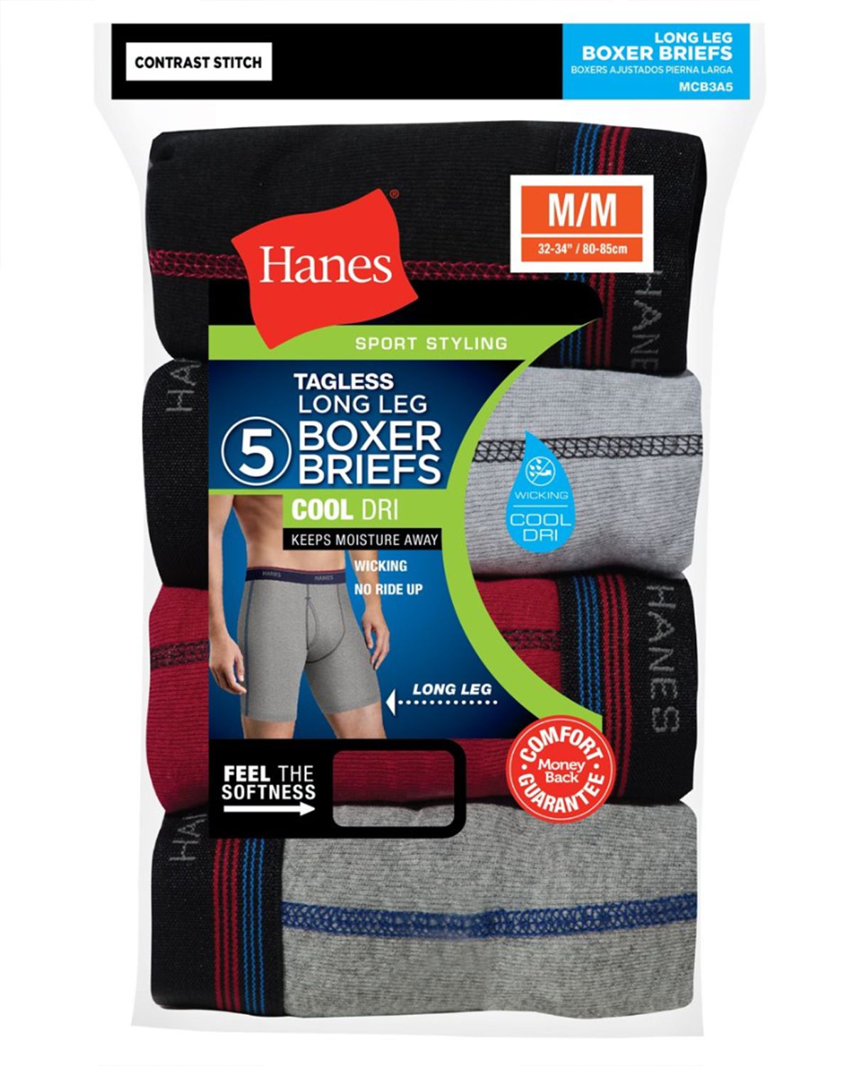 Hanes MCB3A5 Men's Cool DRI Boxer Briefs with Comfort Flex Waistband 5-Pack