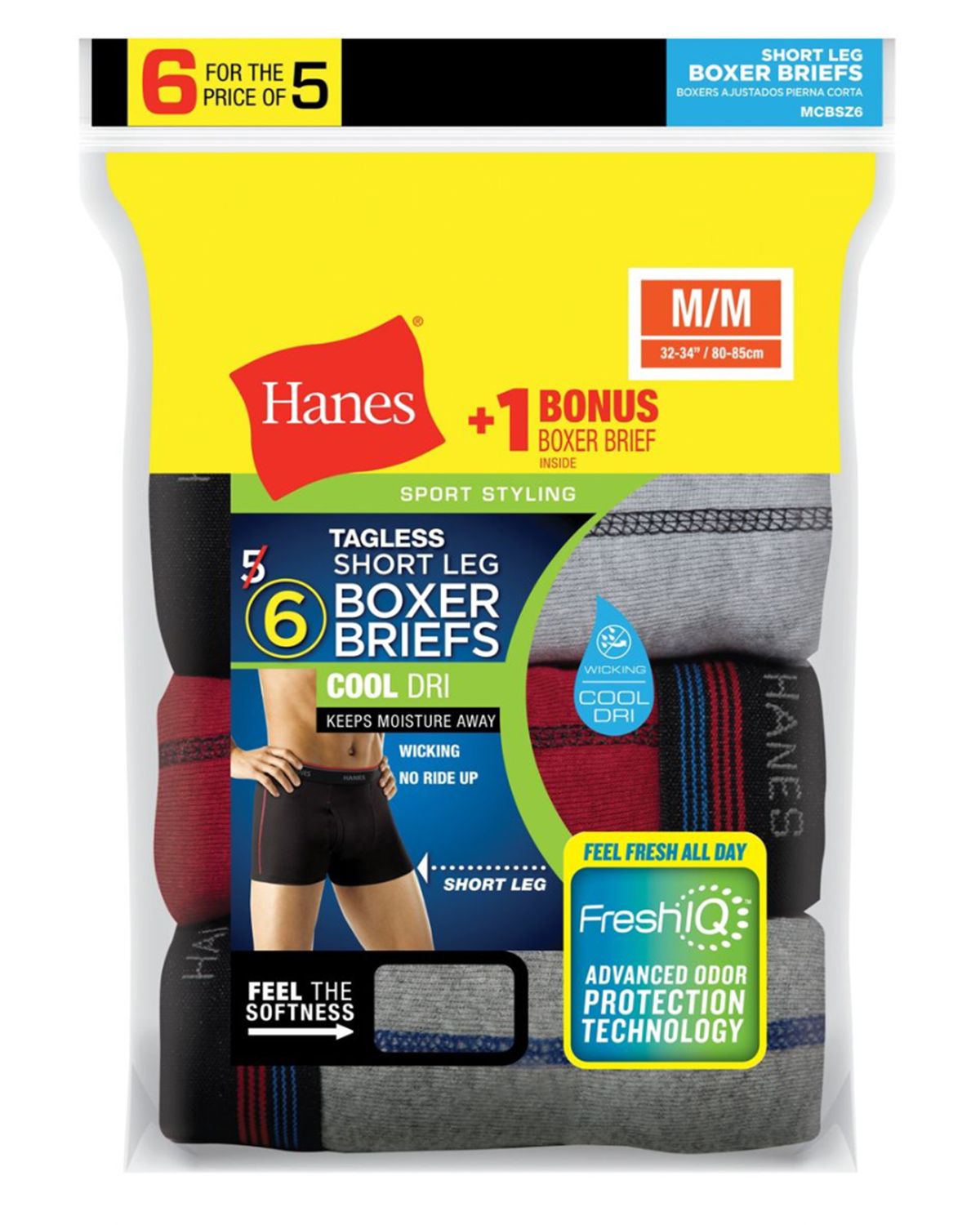 Hanes MCBSZ6 Men's Short Leg Sport Styling Boxer Briefs (5+1 Free Pair)