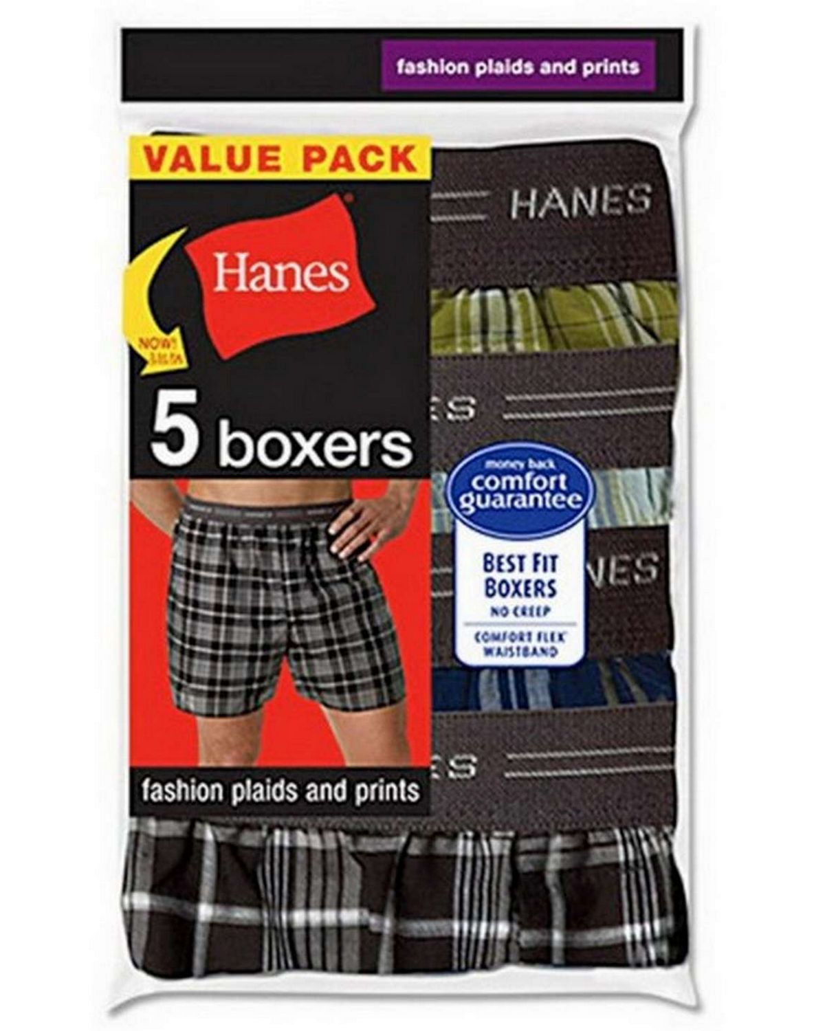 Hanes MWCBX5 Mens Red Label Exposed Waistband Fashion Plaid Boxer (Pack ...