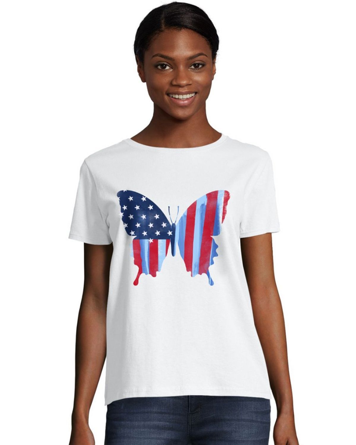 Hanes O5680A Y08286 Women's Star Spangled Butterfly Graphic Tee