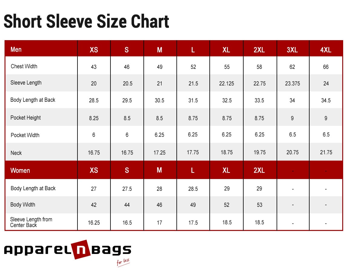 Short Sleeve Jackets Size Chart