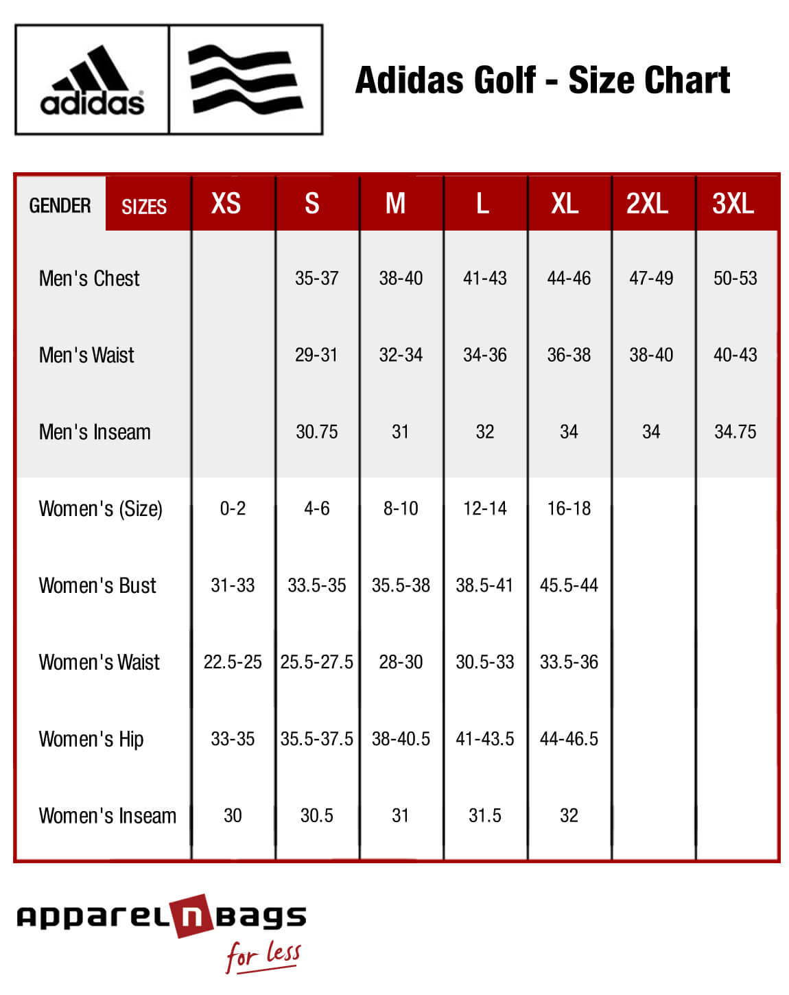 Adidas Golf - Size Chart - ApparelnBags.com