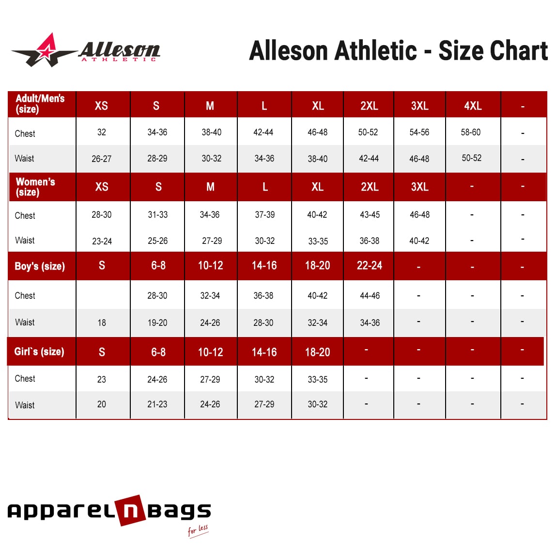 Alleson Athletic - Size Chart