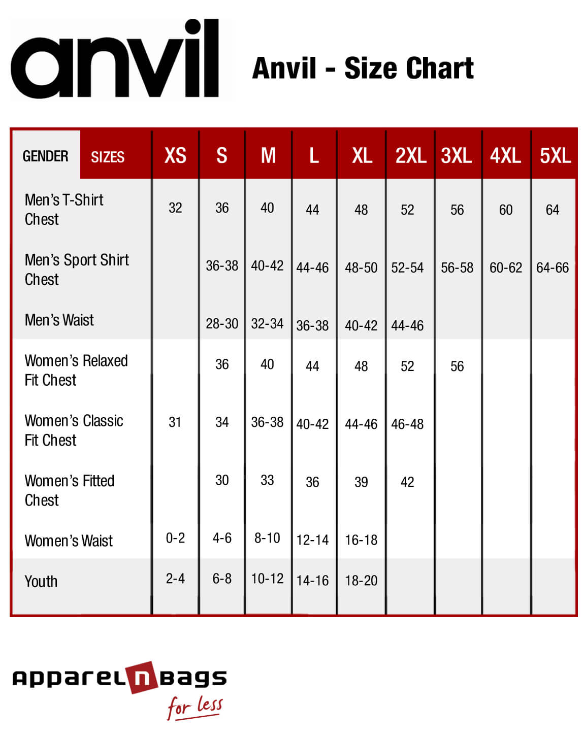 Anvil Racerback Tank Size Chart