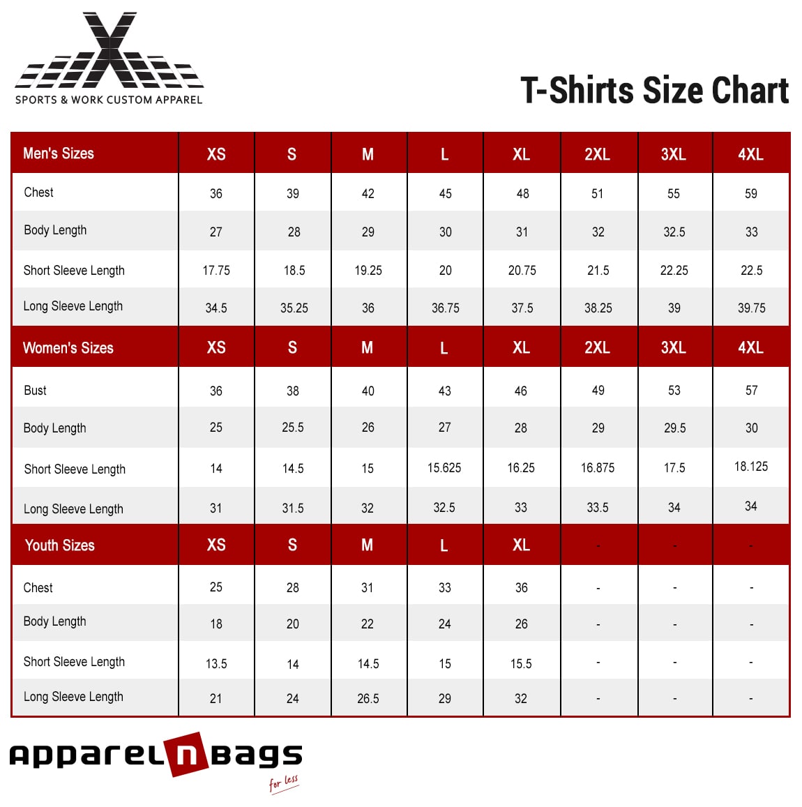 AthleisureX - Size Chart
