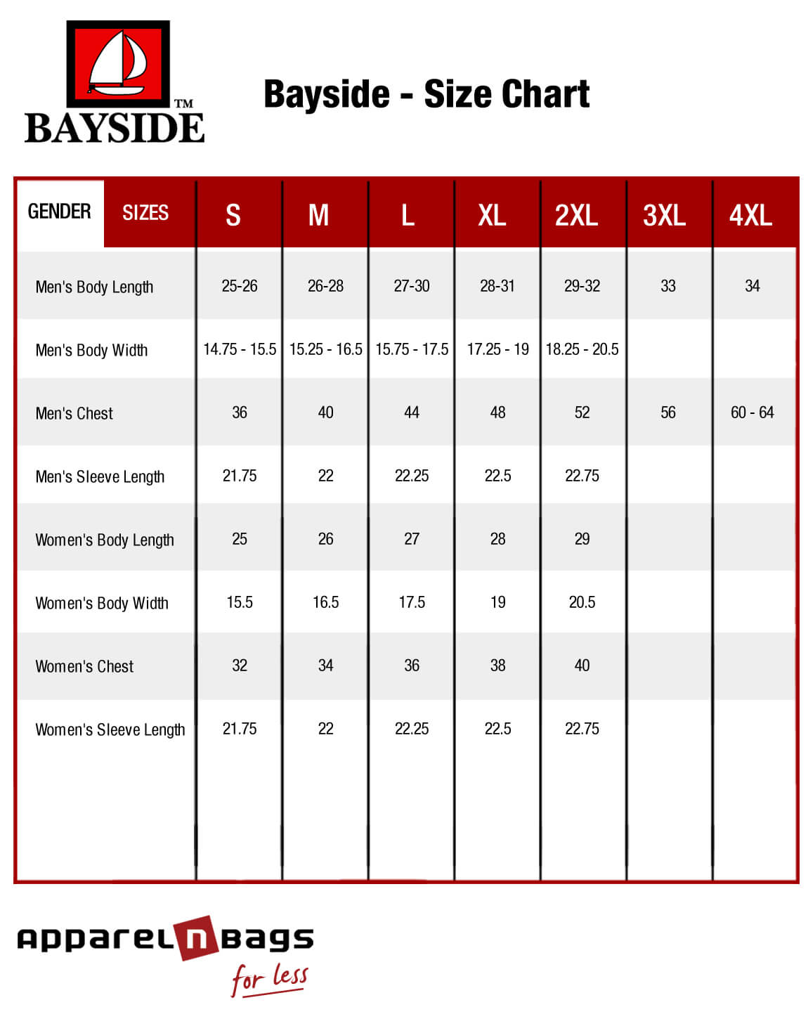 Bayside - Size Chart