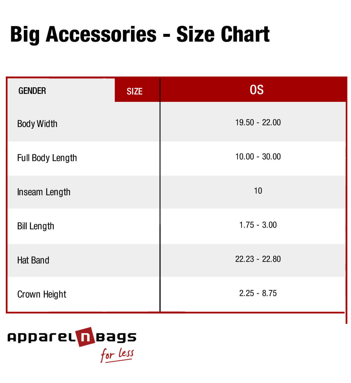 Big Accessories - Size Chart