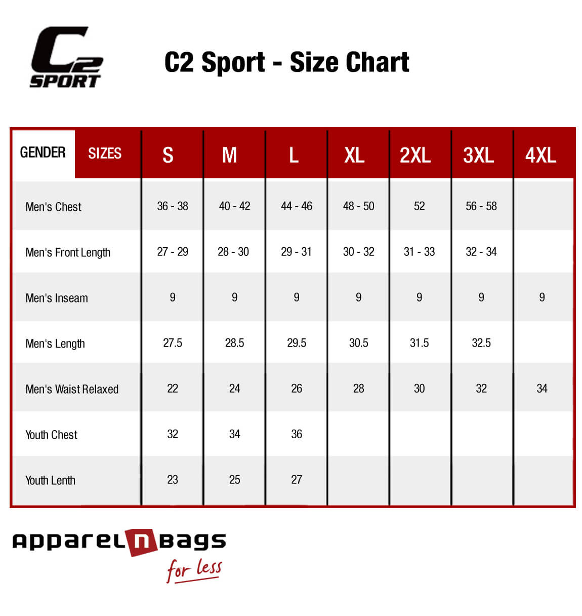 C2 Sport - Size Chart