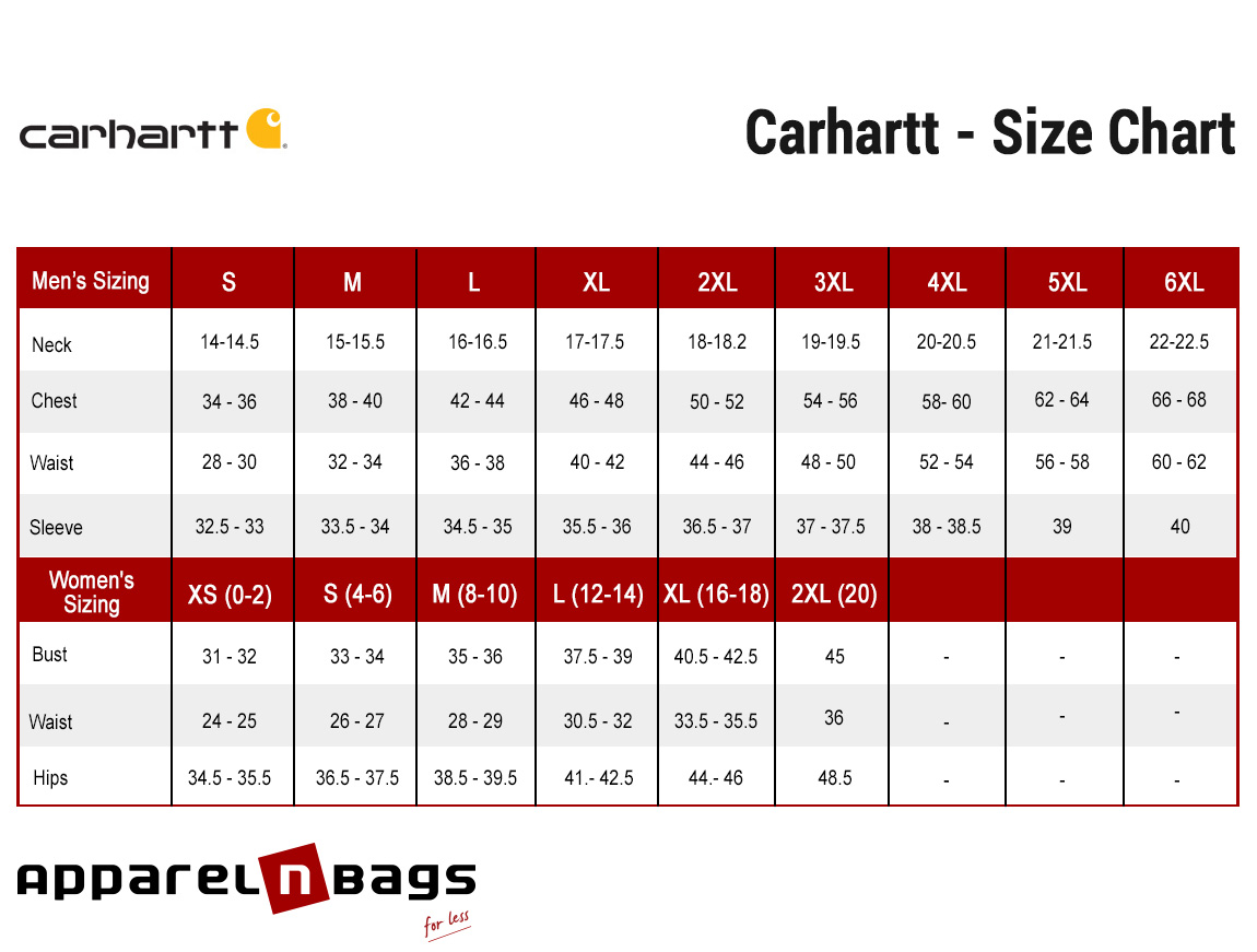 carhartt size chart t shirt