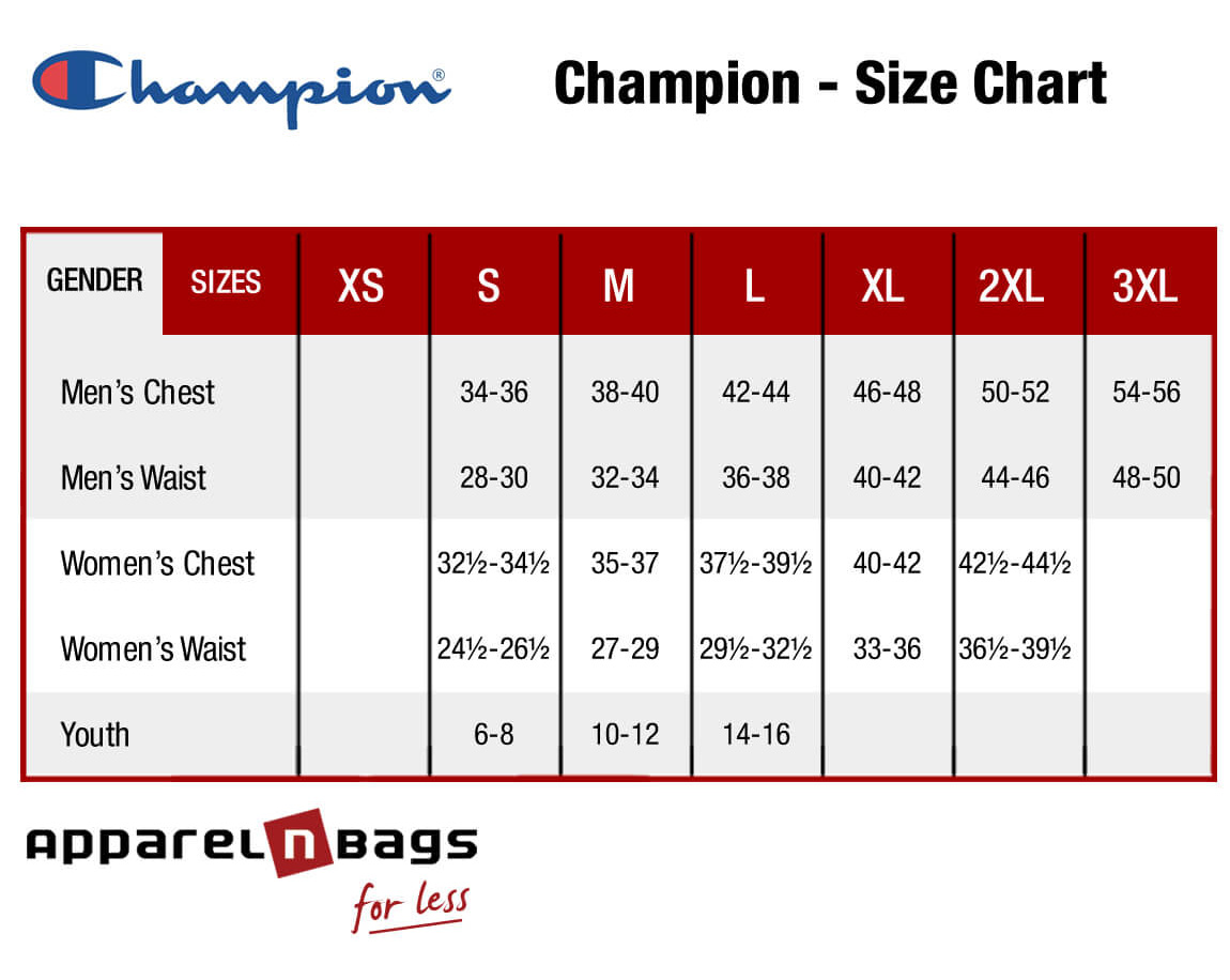 Champion - Size Chart - ApparelnBags.com