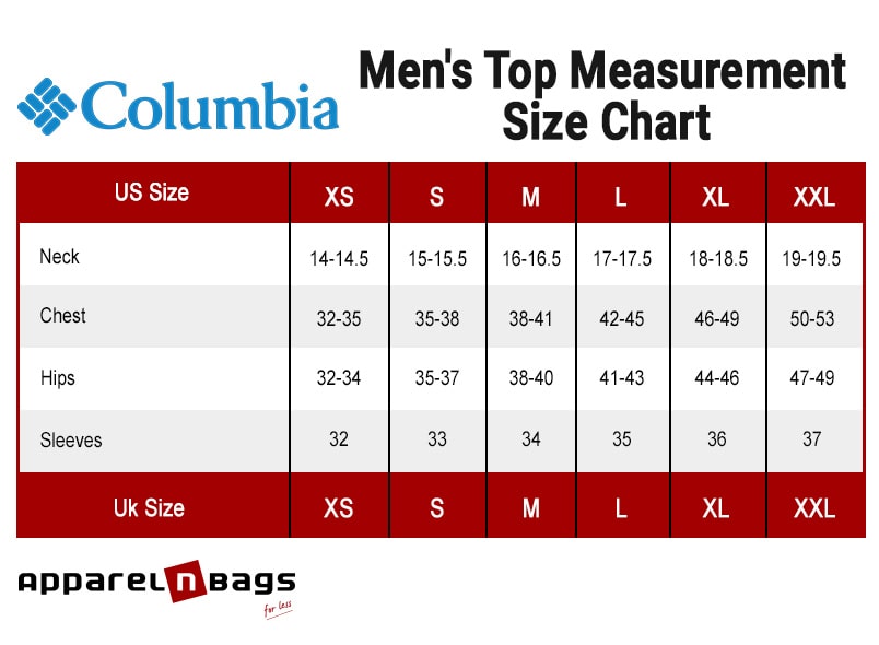 Columbia - Size Chart - ApparelnBags.com