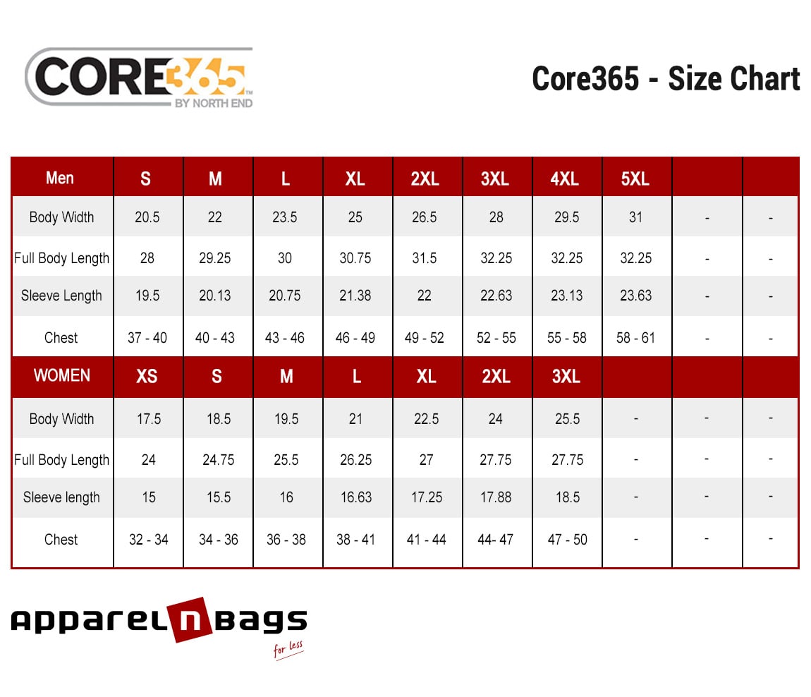 Core365 - Size Chart