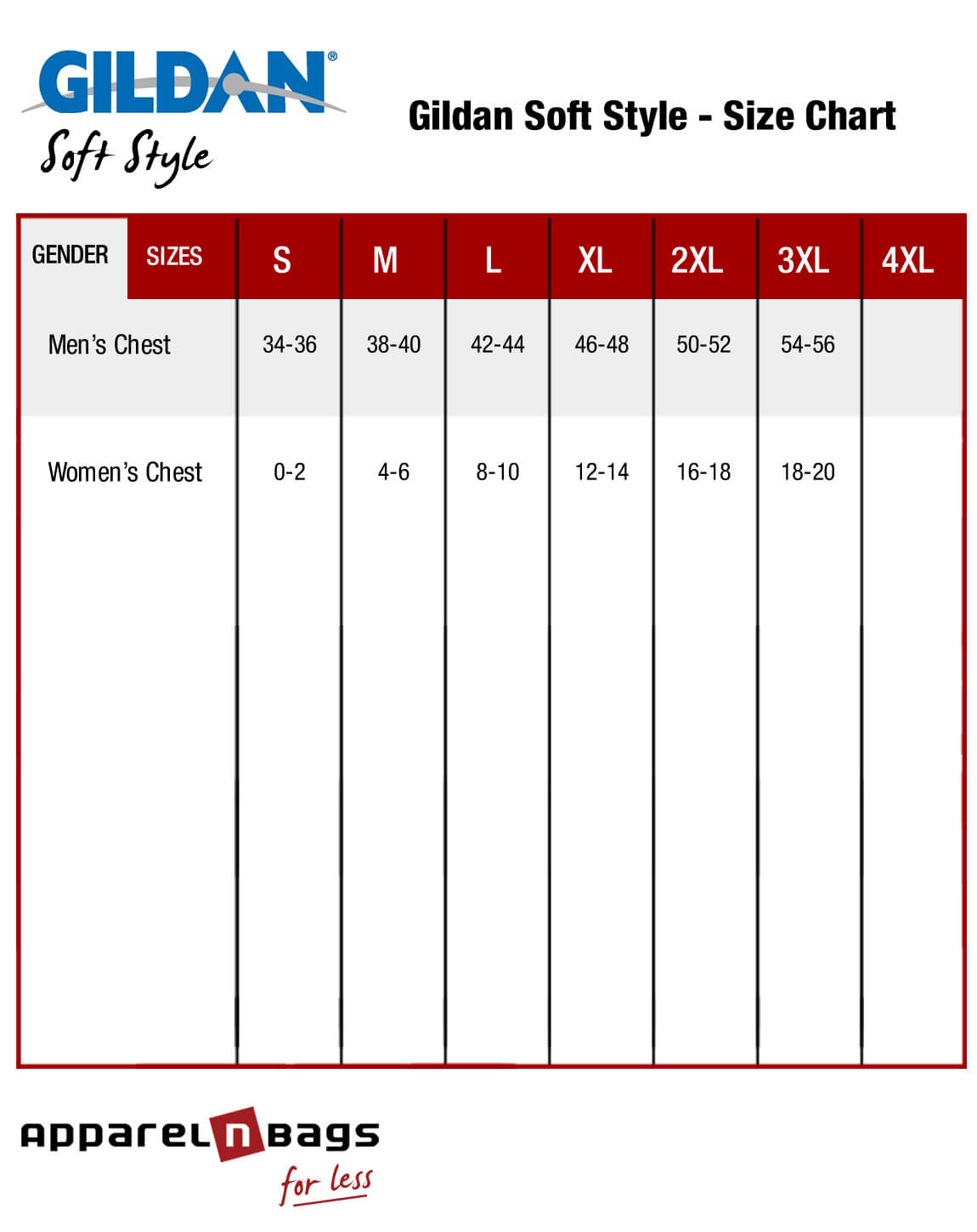 Gildan Softstyle T-shirt Size Chart