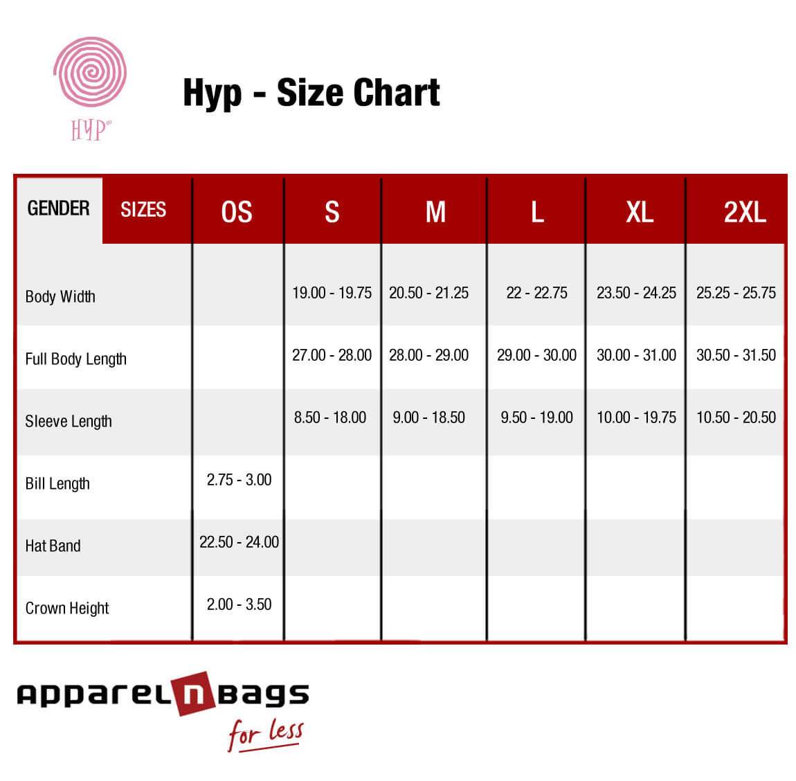 Hyp - Size Chart