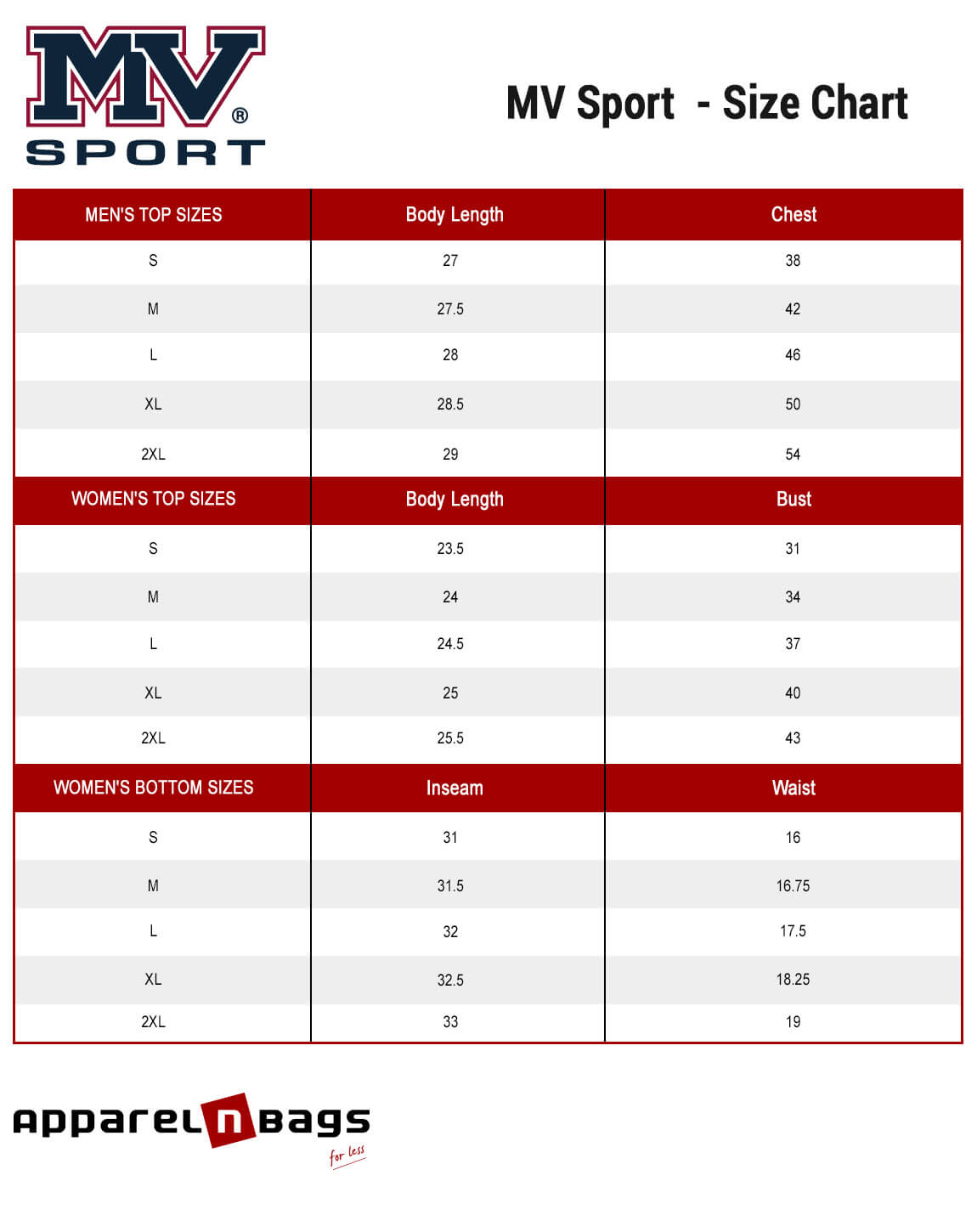 MV Sport - Size Chart
