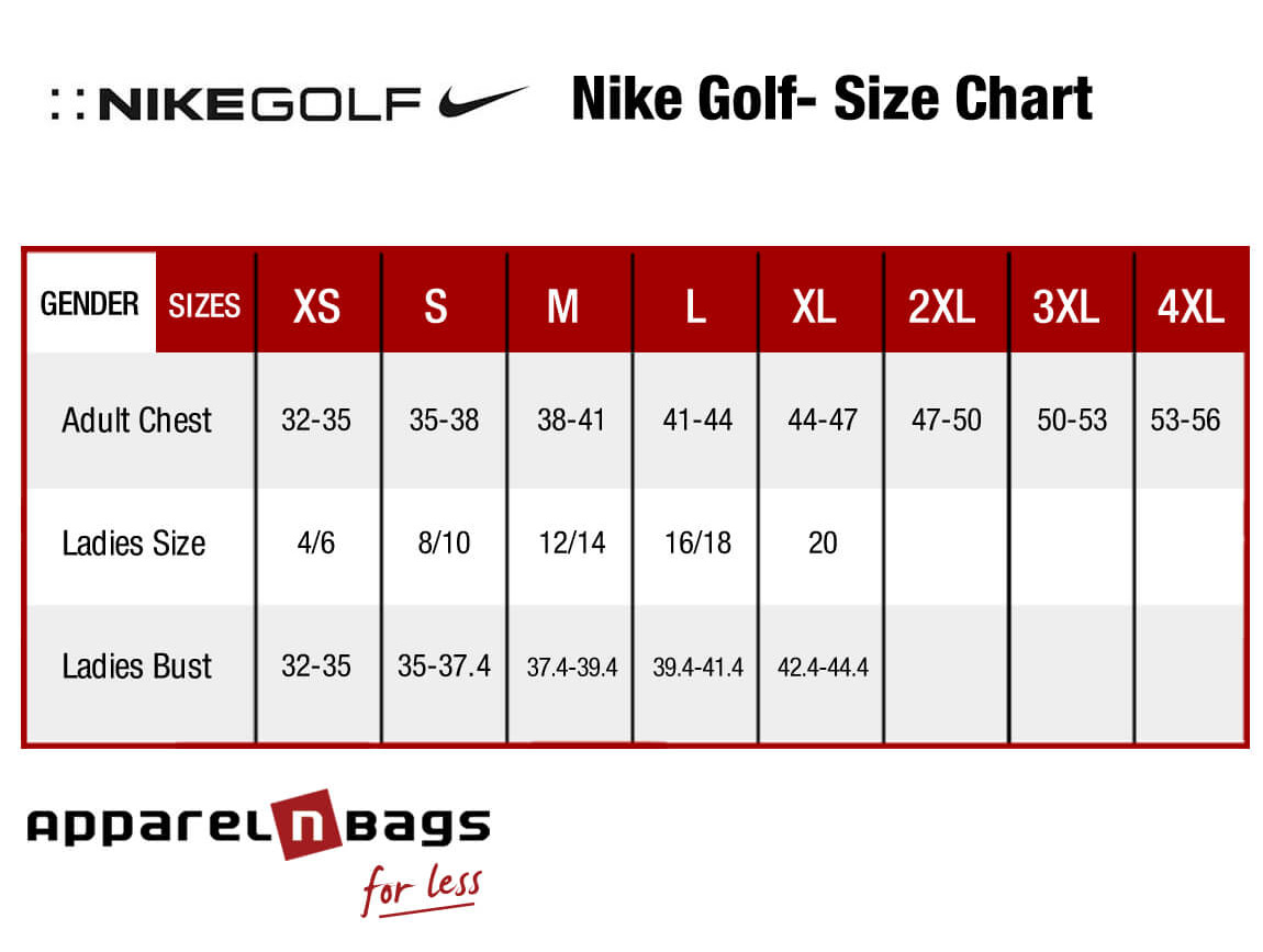 Mejeriprodukter selv sammenholdt Nike Golf - Size Chart - ApparelnBags.com