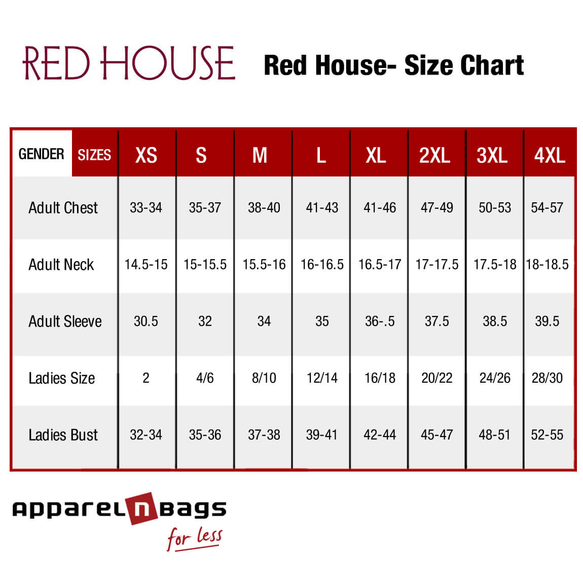 Red House - Size Chart