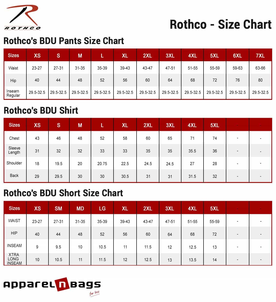 Rothco - Size Chart