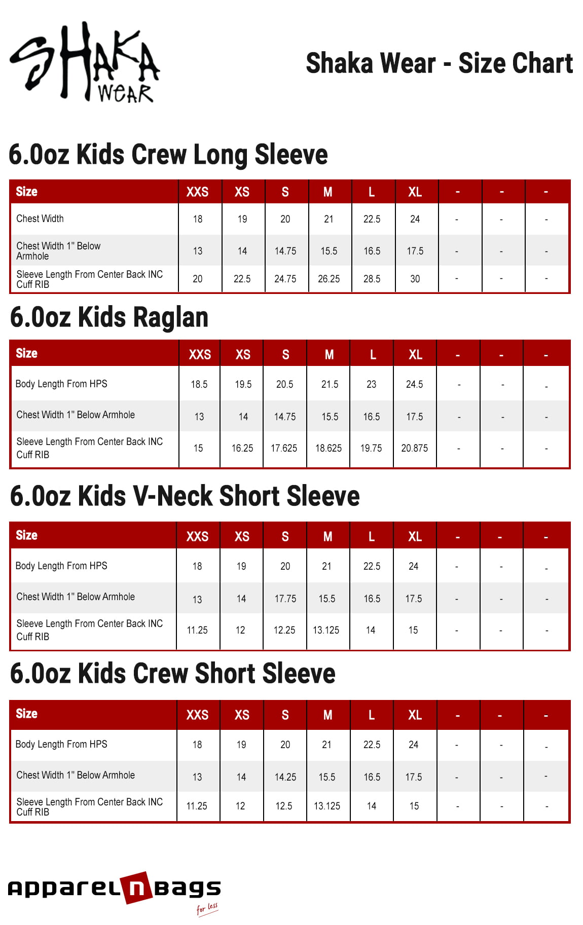 Shaka Wear - Size Chart