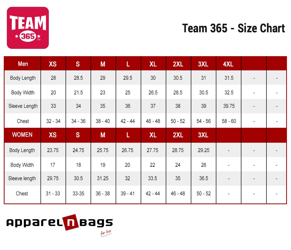 Team 365 - Size Chart