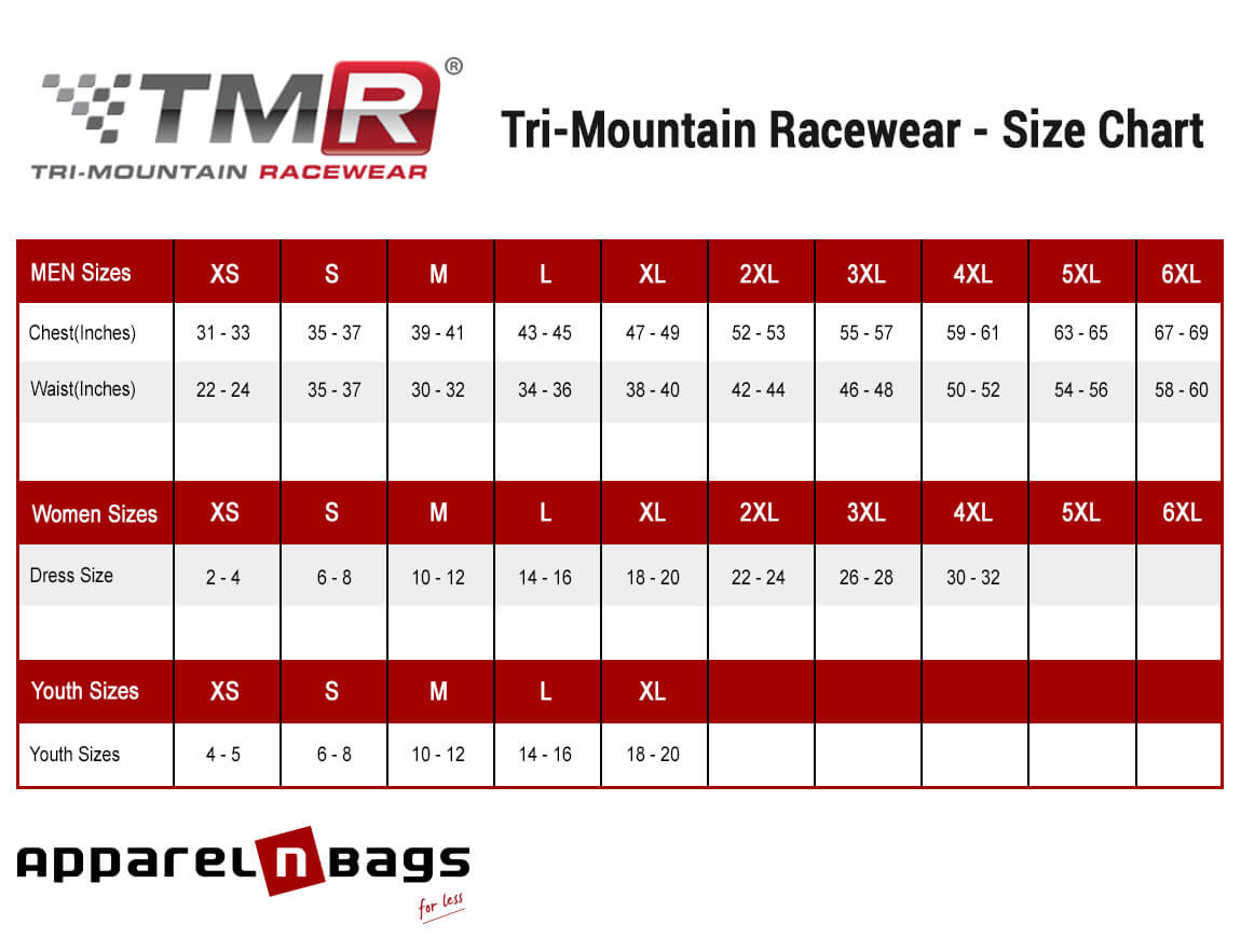 Tri-Mountain Racewear - Size Chart