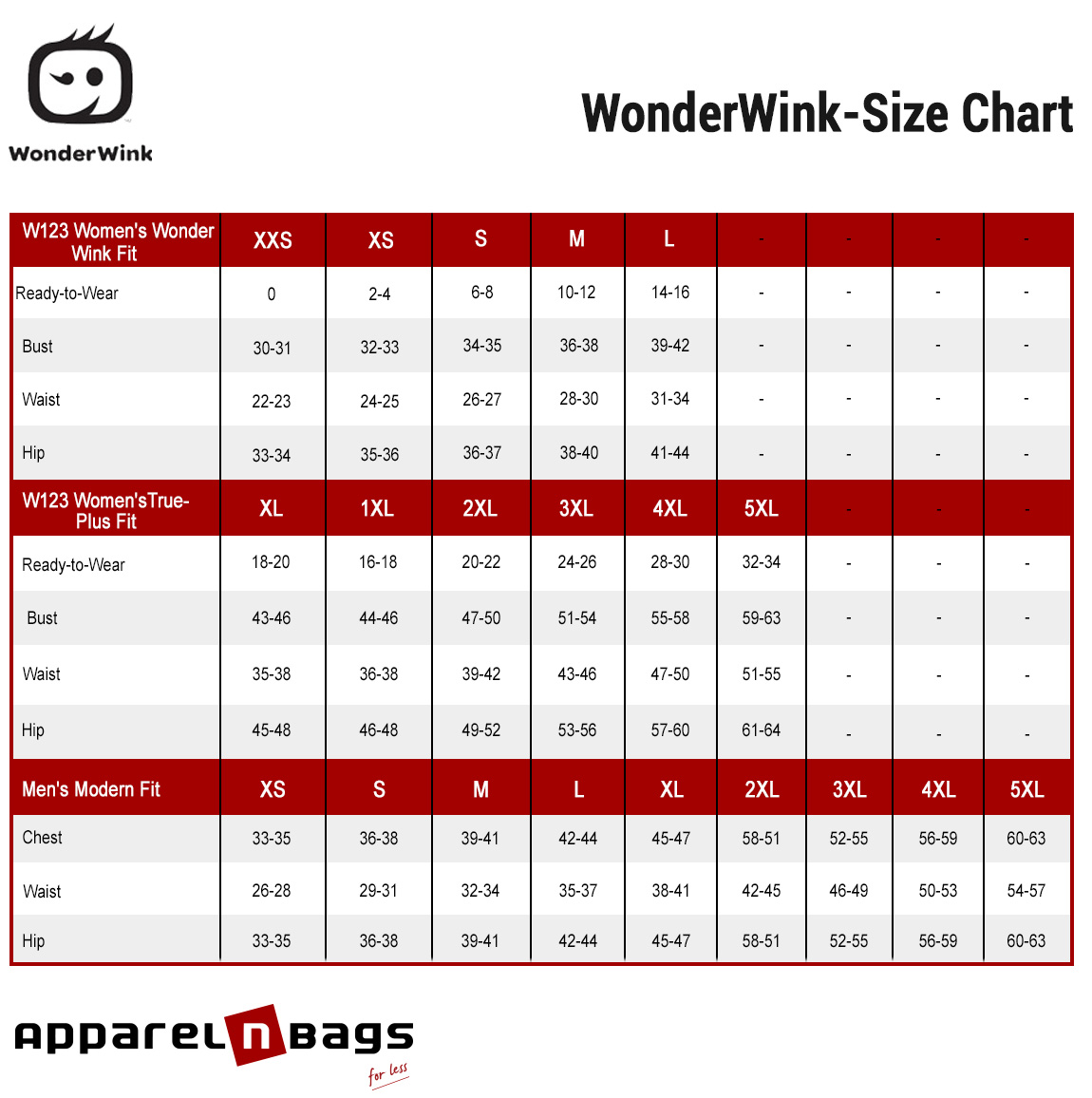 WonderWink - Size Chart