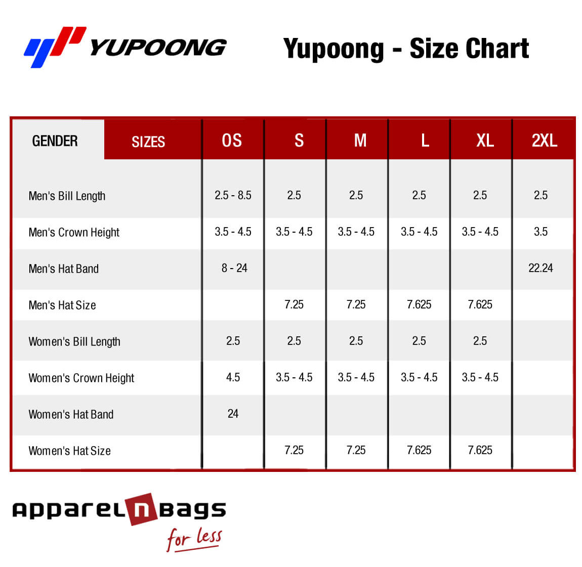 Yupoong Size Chart Available At Apparelnbags Com