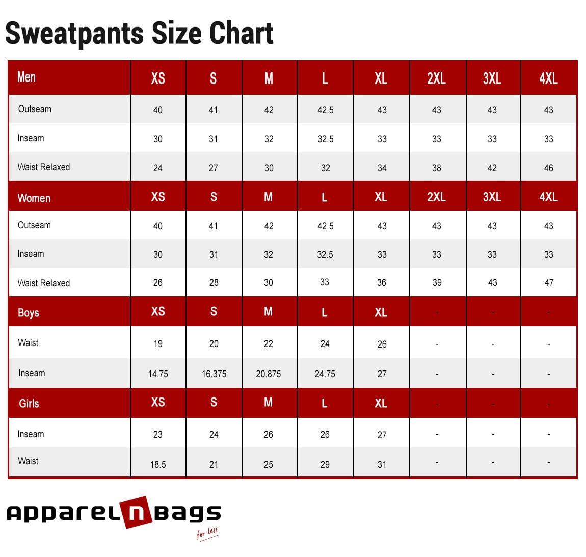 Pants and Sweatpants Size Chart