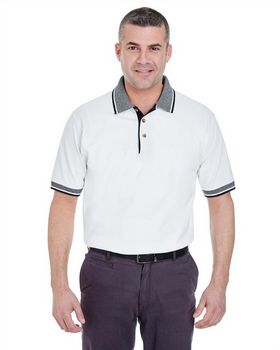 Ultraclub 8536 Men's White-Body Polo with Contrasting Multi-Stripe Trim