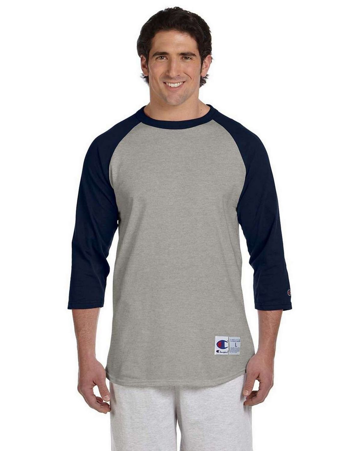 Champion Mens Tagless Raglan Baseball T-Shirt Oxford Grey/Navy 2XL