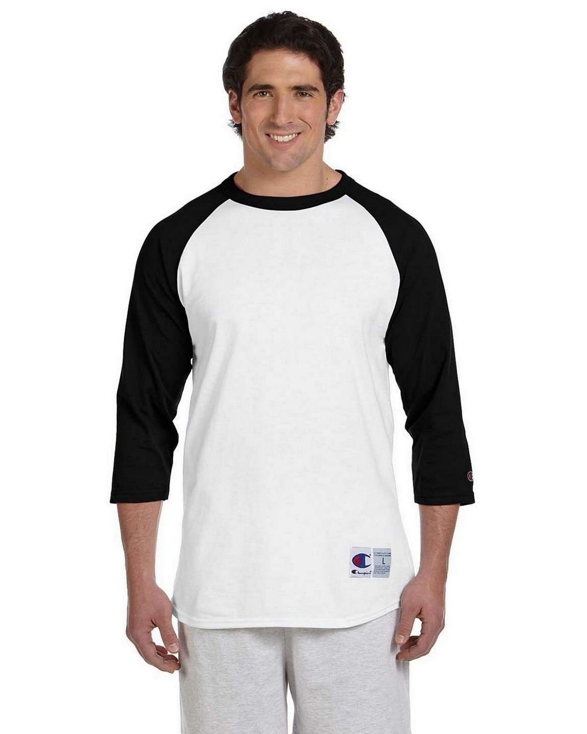 Champion Mens Tagless Raglan Baseball T-Shirt Oxford Grey/Navy 2XL