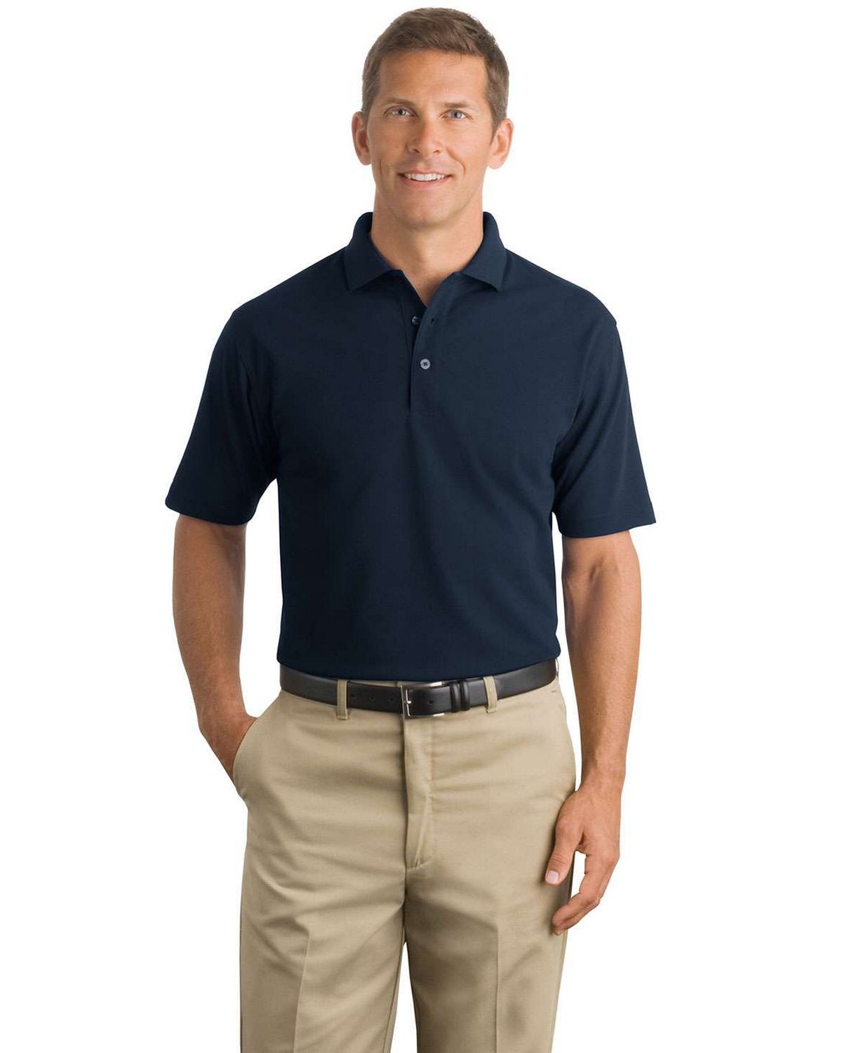 navy blue polo and khaki pants