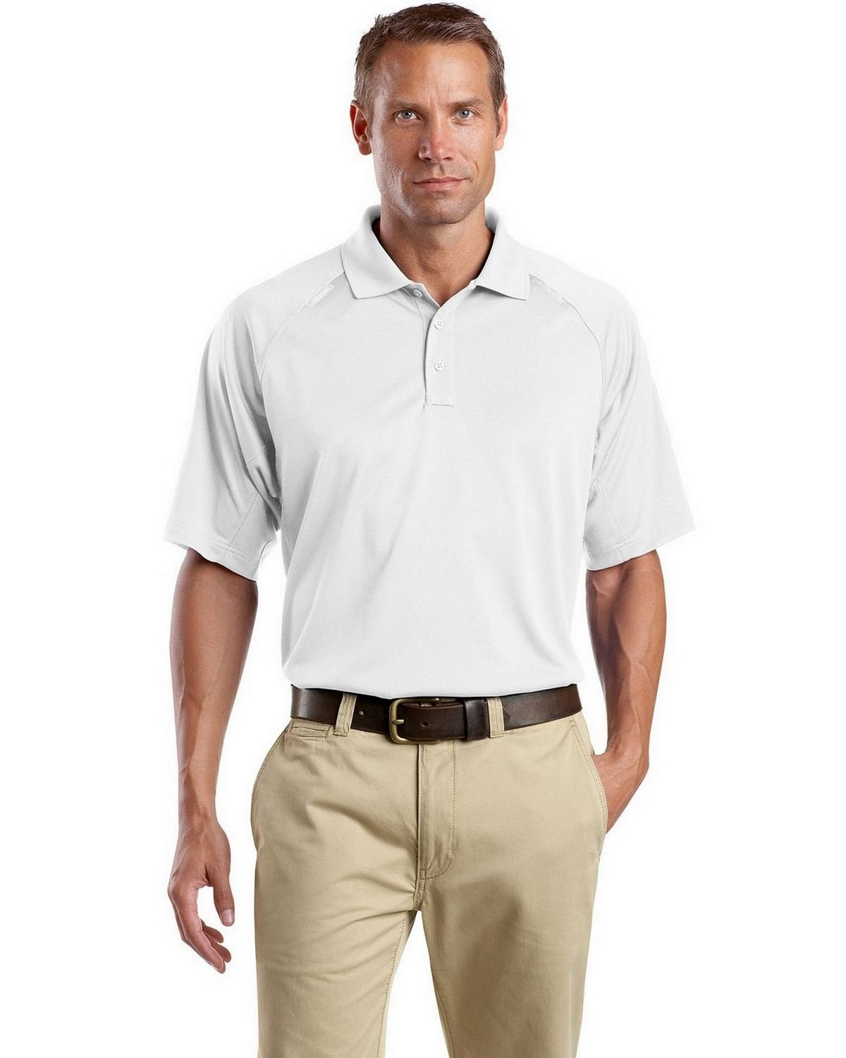 white polo shirt and khaki pants