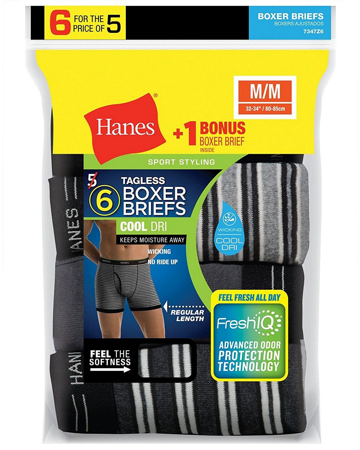 Hanes 7347Z6 Mens Fresh IQ Boxer Briefs 6-Pack (5 + 1 Free Bonus Pack)